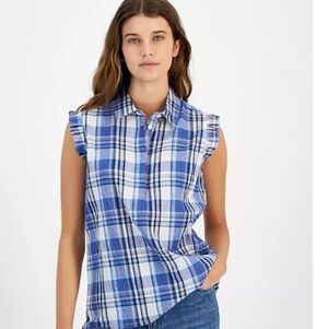 Tommy Hilfiger Blue Plaid Ruffle Sleeve Blouse